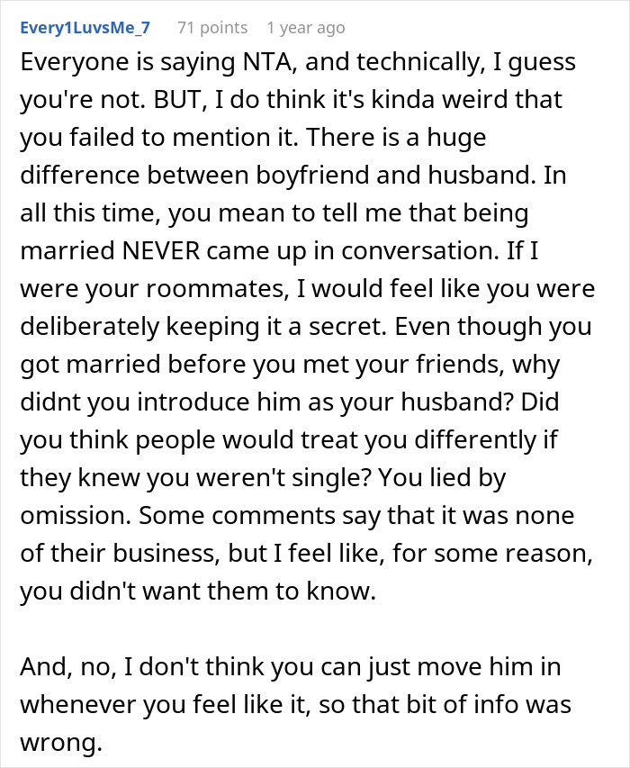Text from a Reddit comment discussing roommates' reaction to a concealed marriage. Text from a Reddit comment discussing roommates' reaction to a concealed marriage.