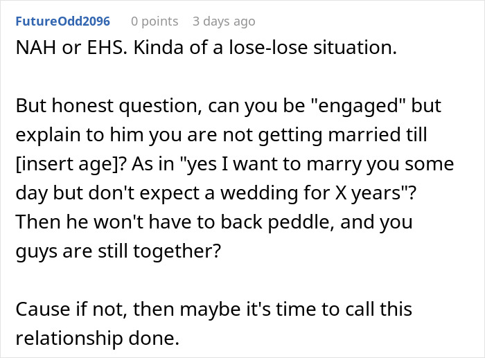 Reddit comment discussing engagement timing and relationship advice. Reddit comment discussing engagement timing and relationship advice.