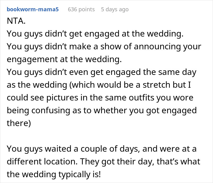 Screenshot of a comment discussing brother wedding engagement timing and etiquette. Screenshot of a comment discussing brother wedding engagement timing and etiquette.