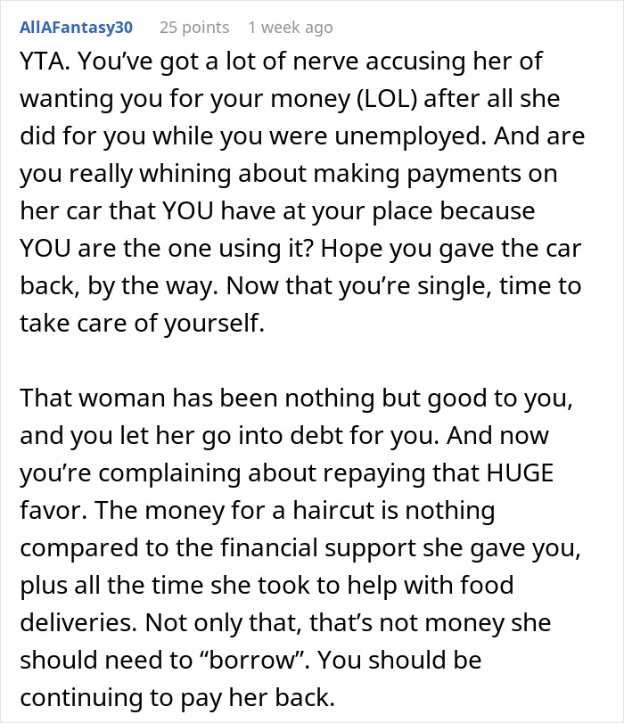 Text discussing a woman's financial support to an unemployed boyfriend and his lack of self-awareness. Text discussing a woman's financial support to an unemployed boyfriend and his lack of self-awareness.