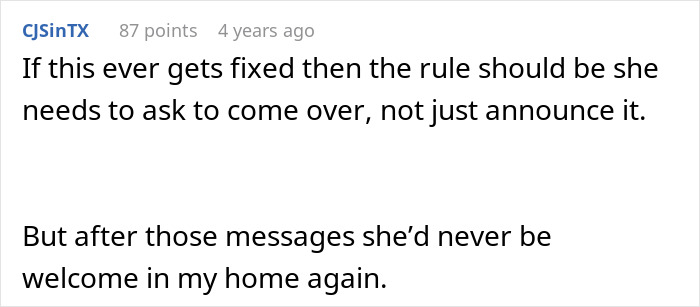 Text conversation about mother-in-law visiting unannounced, emphasizes need to ask permission before coming over. Text conversation about mother-in-law visiting unannounced, emphasizes need to ask permission before coming over.