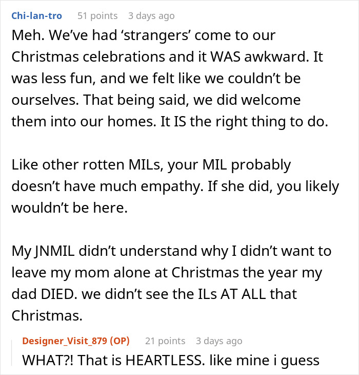 Text conversation discussing MIL's reaction to a Christmas request, highlighting lack of empathy. Text conversation discussing MIL's reaction to a Christmas request, highlighting lack of empathy.