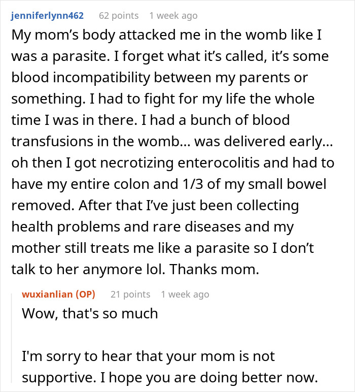 Reddit comment discussing overcoming rare health defects and family challenges. Reddit comment discussing overcoming rare health defects and family challenges.