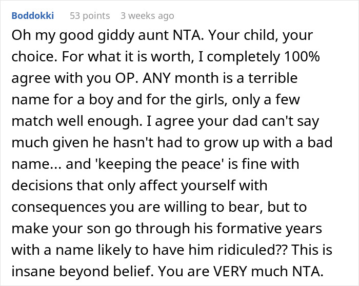 Text comment on breaking family tradition and naming a baby, discussing the choice of unconventional names. Text comment on breaking family tradition and naming a baby, discussing the choice of unconventional names.
