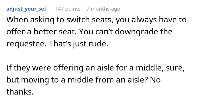 Text exchange about entitled plane passenger refusing seat downgrade, sparking a tantrum. Text exchange about entitled plane passenger refusing seat downgrade, sparking a tantrum.