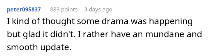 Reddit comment on a Bumble date scenario, user expressing relief over no drama. Reddit comment on a Bumble date scenario, user expressing relief over no drama.