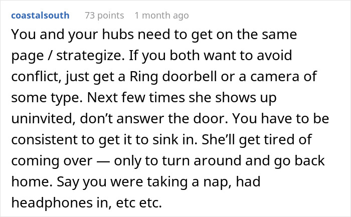 Text advice on handling unannounced strangers, suggesting strategies like using a doorbell camera and consistent non-response. Text advice on handling unannounced strangers, suggesting strategies like using a doorbell camera and consistent non-response.