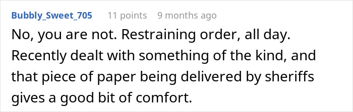 Text message discussing restraining orders related to a stalker, offering comfort with legal action. Text message discussing restraining orders related to a stalker, offering comfort with legal action.
