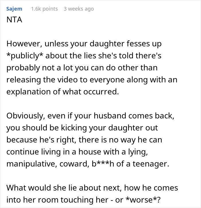 Reddit comment discussing teen's lies about stepdad and potential family consequences. Reddit comment discussing teen's lies about stepdad and potential family consequences.