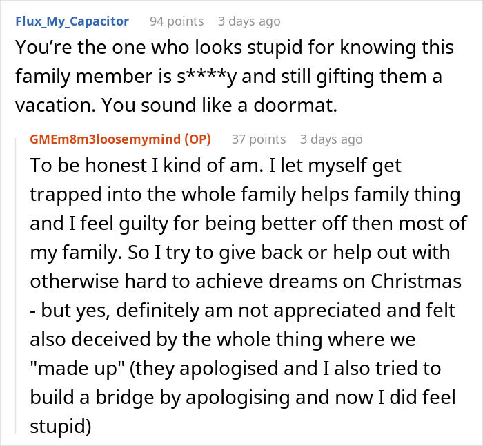Discussion on family dynamics over a Christmas present and a canceled vacation. Discussion on family dynamics over a Christmas present and a canceled vacation.