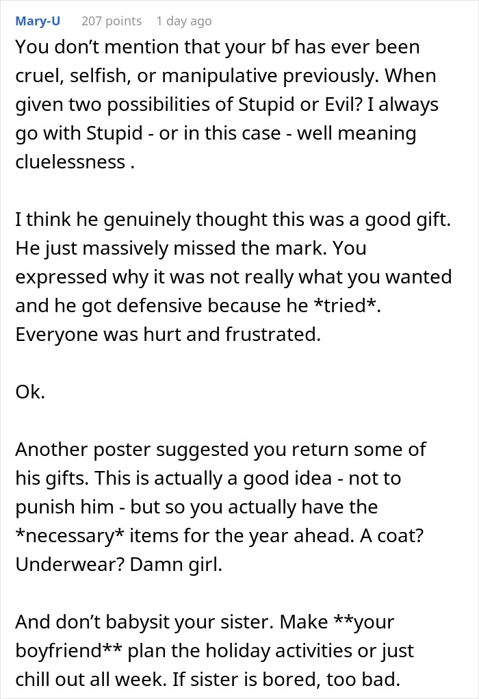 Text response discussing a man's surprise for his girlfriend, leading to misunderstanding and frustration. Text response discussing a man's surprise for his girlfriend, leading to misunderstanding and frustration.