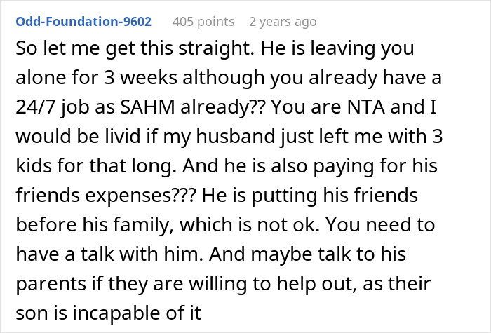 Comment discussing a husband's priorities as he vacations overseas while his wife handles Christmas planning alone. Comment discussing a husband's priorities as he vacations overseas while his wife handles Christmas planning alone.