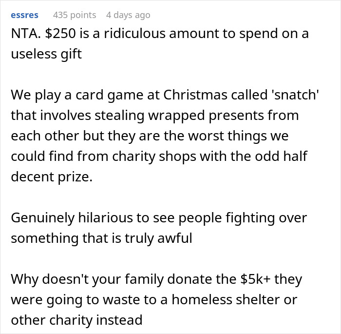 Reddit comment about high white elephant gift prices at Christmas, suggesting donations to charity instead. Reddit comment about high white elephant gift prices at Christmas, suggesting donations to charity instead.