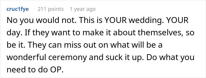 Comment discussing family interference at a wedding and stress over guest decisions. Comment discussing family interference at a wedding and stress over guest decisions.