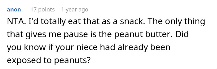 Comment discussing giving a niece a dog treat snack with peanut butter concerns. Comment discussing giving a niece a dog treat snack with peanut butter concerns.