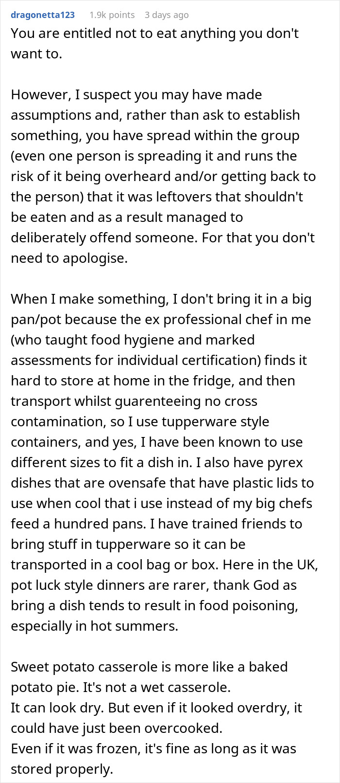 Comment discussing Thanksgiving dish leftovers, food preparation, and storage concerns. Comment discussing Thanksgiving dish leftovers, food preparation, and storage concerns.