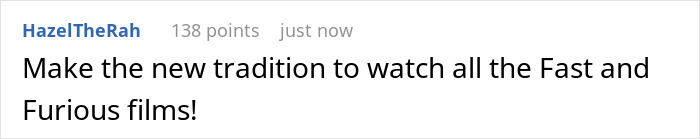 Comment suggesting a Christmas tradition to watch Fast and Furious films, related to brother Rocky movie. Comment suggesting a Christmas tradition to watch Fast and Furious films, related to brother Rocky movie.