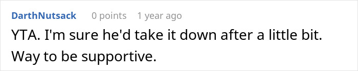 Reddit comment reading: "YTA. I'm sure he'd take it down after a little bit. Way to be supportive," in response to a post about a photo of a late dog. Reddit comment reading: "YTA. I'm sure he'd take it down after a little bit. Way to be supportive," in response to a post about a photo of a late dog.