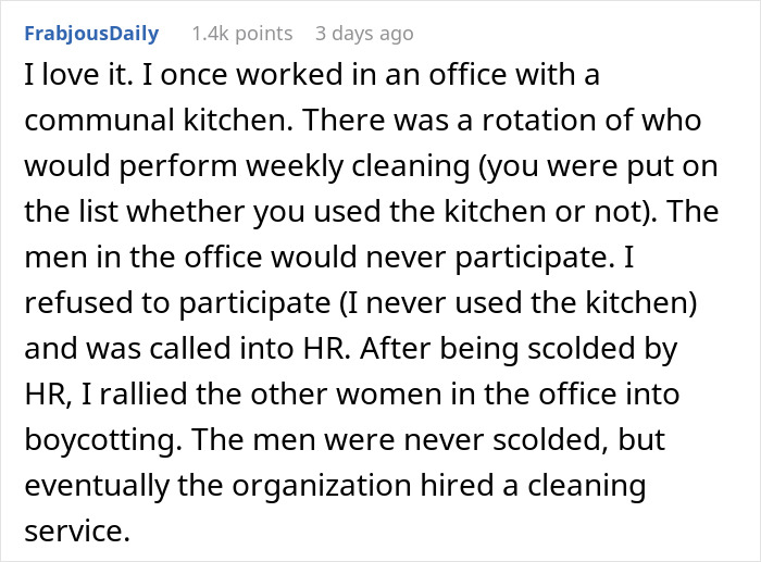 Text discussing office dynamics, highlighting gender roles and cleaning responsibilities in a workplace kitchen. Text discussing office dynamics, highlighting gender roles and cleaning responsibilities in a workplace kitchen.