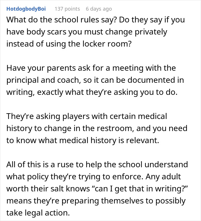 Comment discussing rules about teens changing in bathrooms due to discomfort. Comment discussing rules about teens changing in bathrooms due to discomfort.