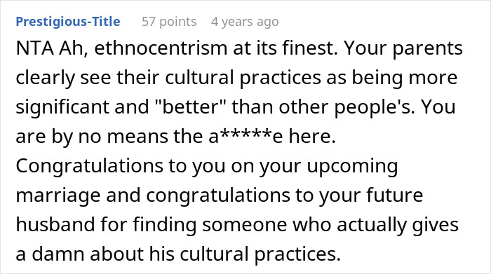 Comment discussing cultural practices and supporting a bride's decision regarding her wedding. Comment discussing cultural practices and supporting a bride's decision regarding her wedding.