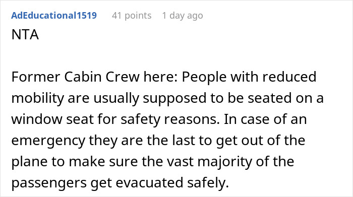 Reddit comment explaining seat arrangements for passengers with mobility issues on flights. Reddit comment explaining seat arrangements for passengers with mobility issues on flights.
