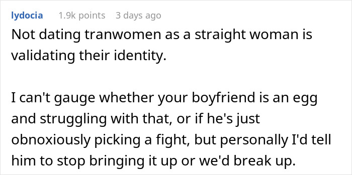 Text exchange discussing refusing dating with a boyfriend and issues related to trans identity validation. Text exchange discussing refusing dating with a boyfriend and issues related to trans identity validation.