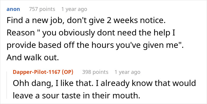 Text exchange about quitting a job after hours cut due to boss buying motorcycle. Text exchange about quitting a job after hours cut due to boss buying motorcycle.