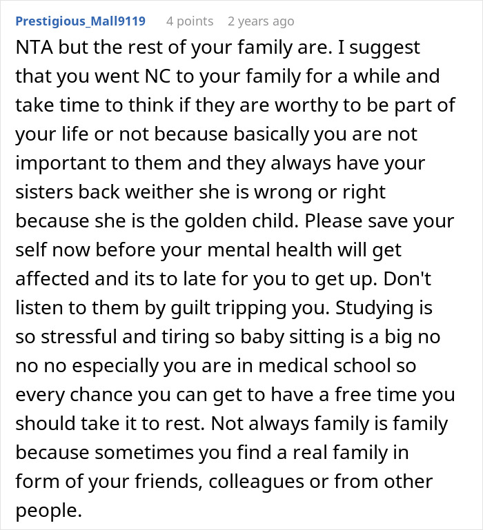 Online comment discussing refusal to babysit sister's kids due to stress and family dynamics. Online comment discussing refusal to babysit sister's kids due to stress and family dynamics.