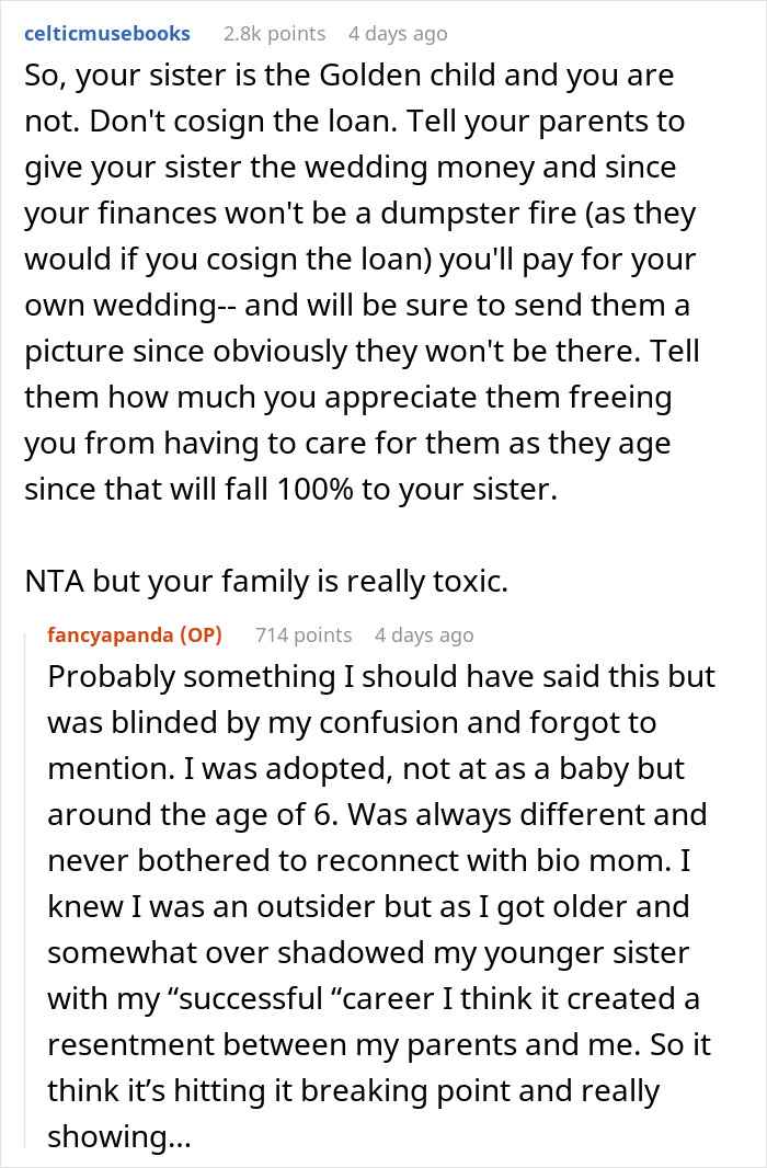 Reddit discussion about financial decisions and family dynamics. Reddit discussion about financial decisions and family dynamics.
