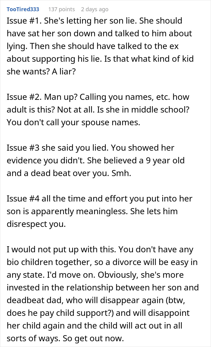 Text addressing wife's disbelief in husband's claims about her ex being untrustworthy. Text addressing wife's disbelief in husband's claims about her ex being untrustworthy.