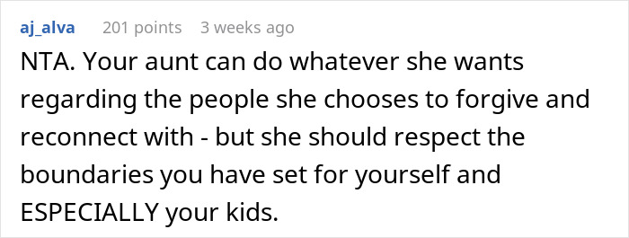 Reddit comment discussing aunt's choice to reconnect, emphasizing respecting boundaries with nephews and grandparents drama. Reddit comment discussing aunt's choice to reconnect, emphasizing respecting boundaries with nephews and grandparents drama.