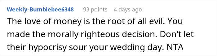 Reddit comment discussing a moral decision about a wedding date bribe attempt. Reddit comment discussing a moral decision about a wedding date bribe attempt.