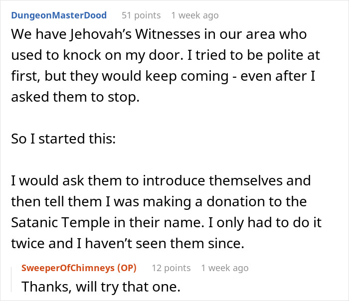 Text conversation about persistent door-knocking Mormons and a humorous response involving a donation to a temple. Text conversation about persistent door-knocking Mormons and a humorous response involving a donation to a temple.