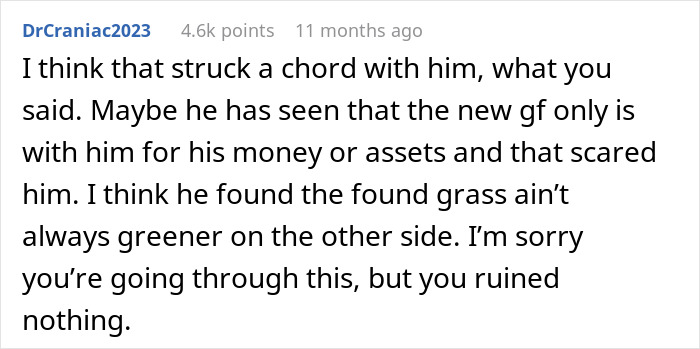 Comment about ex-husband’s regret over leaving 17-year marriage after ex-wife’s remark. Comment about ex-husband’s regret over leaving 17-year marriage after ex-wife’s remark.