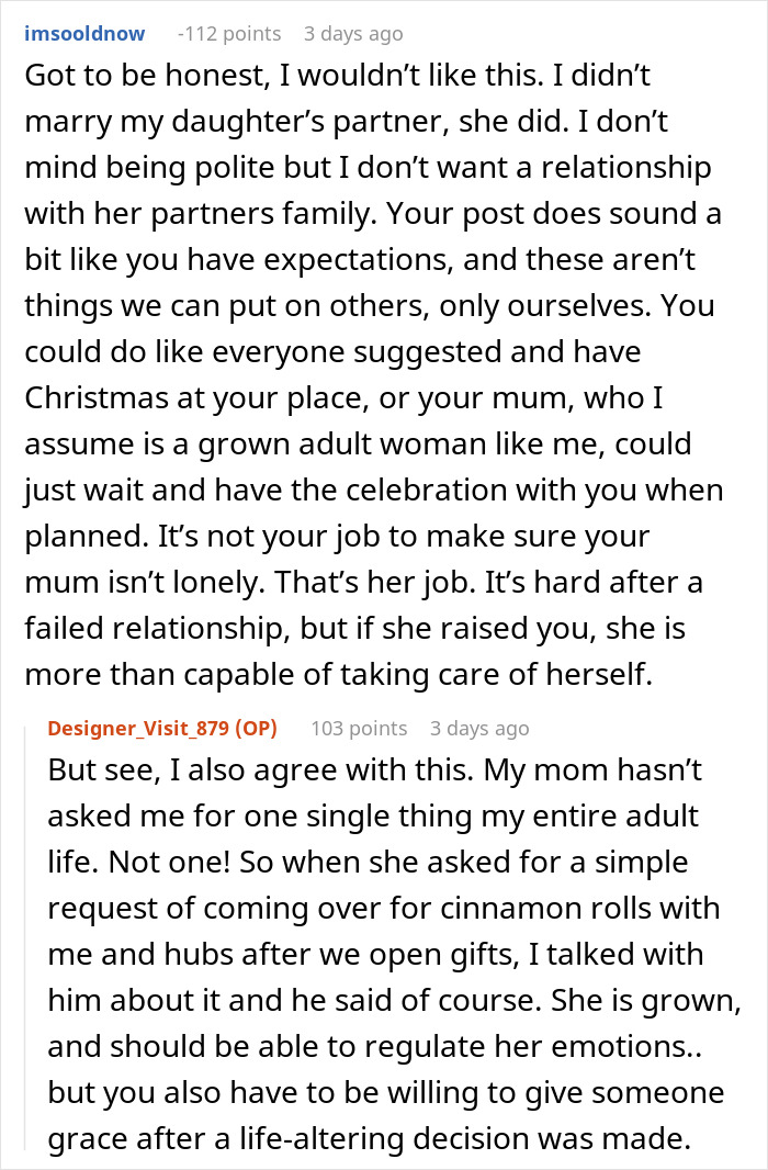 Reddit comments discussing a mother-in-law's response to a Christmas request. Reddit comments discussing a mother-in-law's response to a Christmas request.