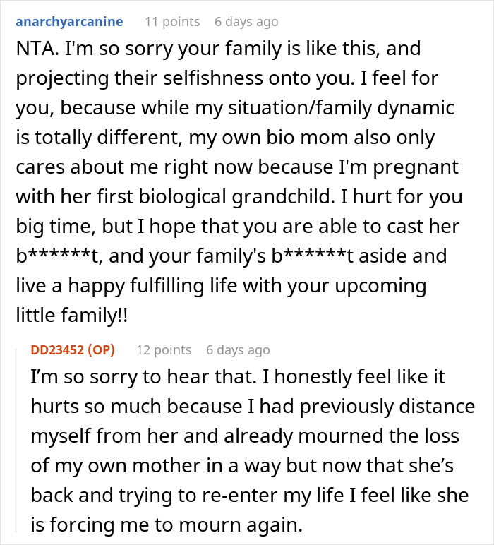 Two comments discussing family dynamics and challenges faced by a pregnant woman and her mother. Two comments discussing family dynamics and challenges faced by a pregnant woman and her mother.
