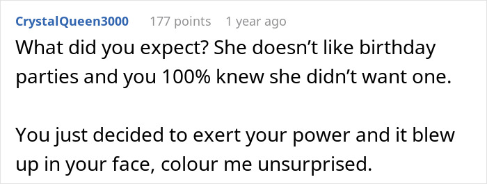 Comment criticizing a woman's decision for throwing a $10K party for her stepdaughter who dislikes parties. Comment criticizing a woman's decision for throwing a $10K party for her stepdaughter who dislikes parties.