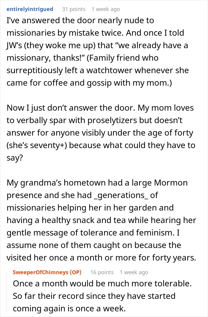 Text exchange about persistent Mormons, discussing anecdotes with missionaries and visits to grandma's town. Text exchange about persistent Mormons, discussing anecdotes with missionaries and visits to grandma's town.
