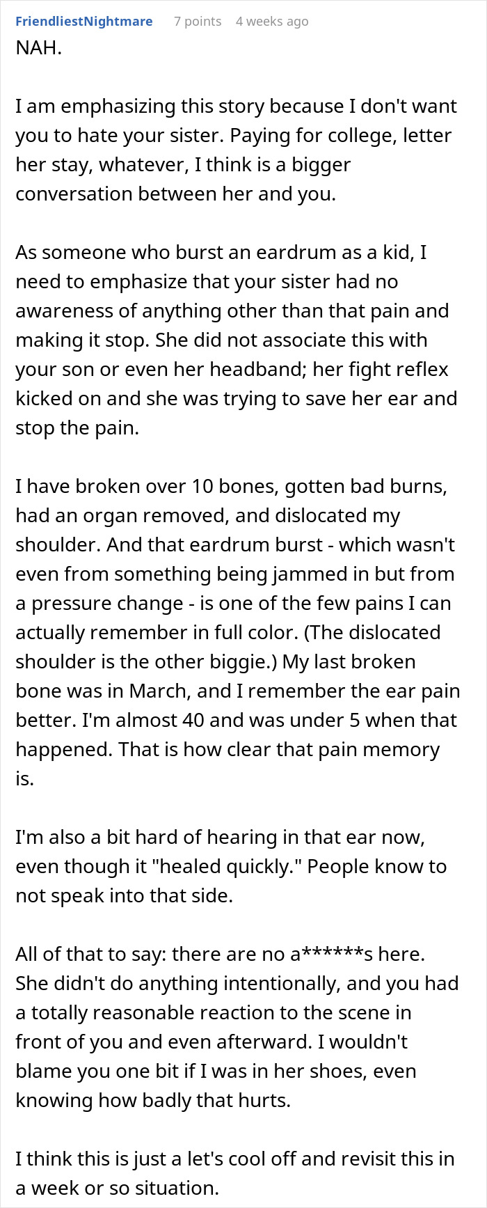 Text discussing refusing to pay for sister's college after a toddler concussion incident. Text discussing refusing to pay for sister's college after a toddler concussion incident.