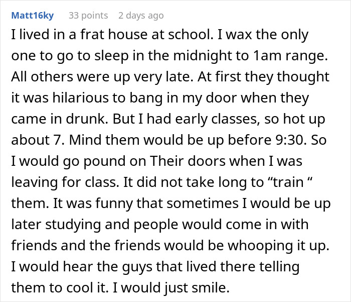 Text recounting a woman's experience with insomnia due to loud roommates and her humorous malicious compliance strategy. Text recounting a woman's experience with insomnia due to loud roommates and her humorous malicious compliance strategy.