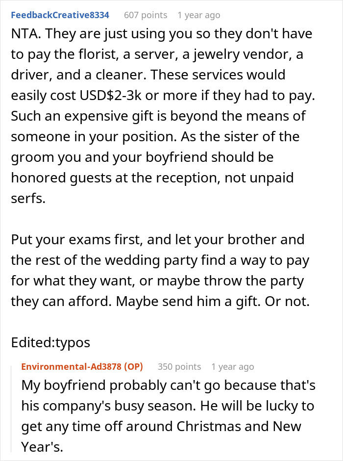 Reddit comment discussing the audacity of a family dumping wedding chores on a woman, including unpaid services. Reddit comment discussing the audacity of a family dumping wedding chores on a woman, including unpaid services.