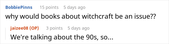 Text exchange about books on witchcraft being an issue in the 90s. Text exchange about books on witchcraft being an issue in the 90s.