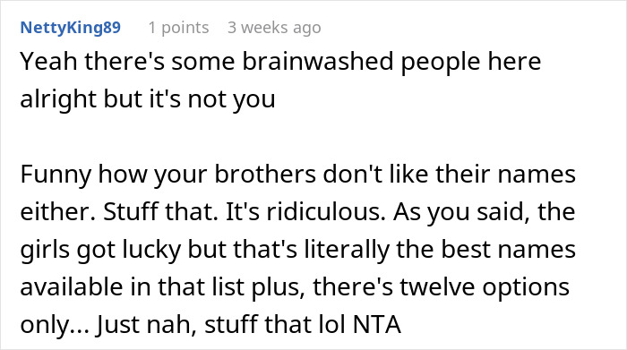 Comment discussing breaking family tradition in naming a baby, expressing dissatisfaction with limited name options. Comment discussing breaking family tradition in naming a baby, expressing dissatisfaction with limited name options.