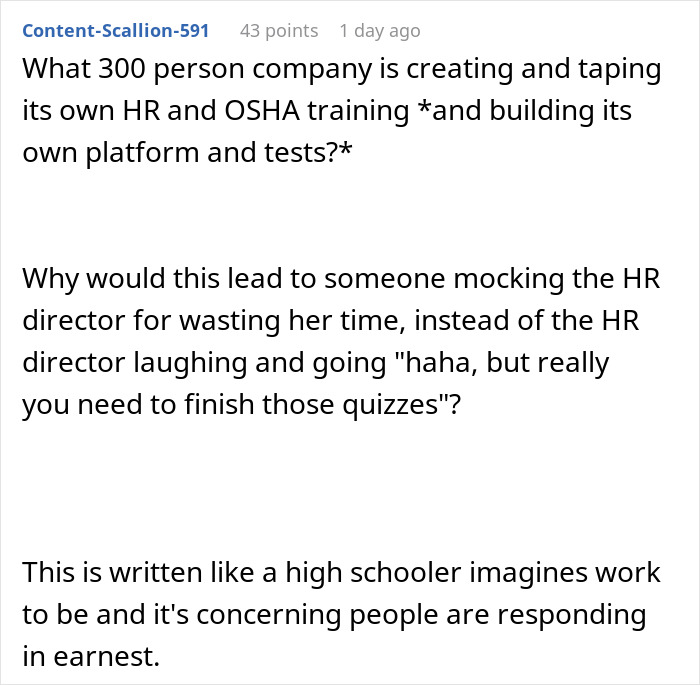 Text discussing HR director's frustration over company training methods. Text discussing HR director's frustration over company training methods.
