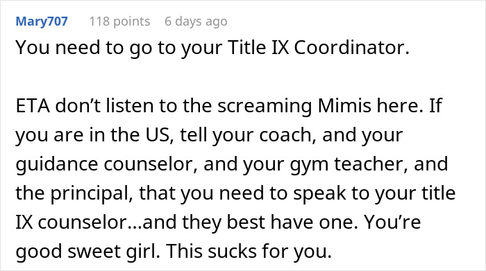 Reddit comment discussing Title IX Coordinator advice for a teen uncomfortable with a coach's instructions. Reddit comment discussing Title IX Coordinator advice for a teen uncomfortable with a coach's instructions.
