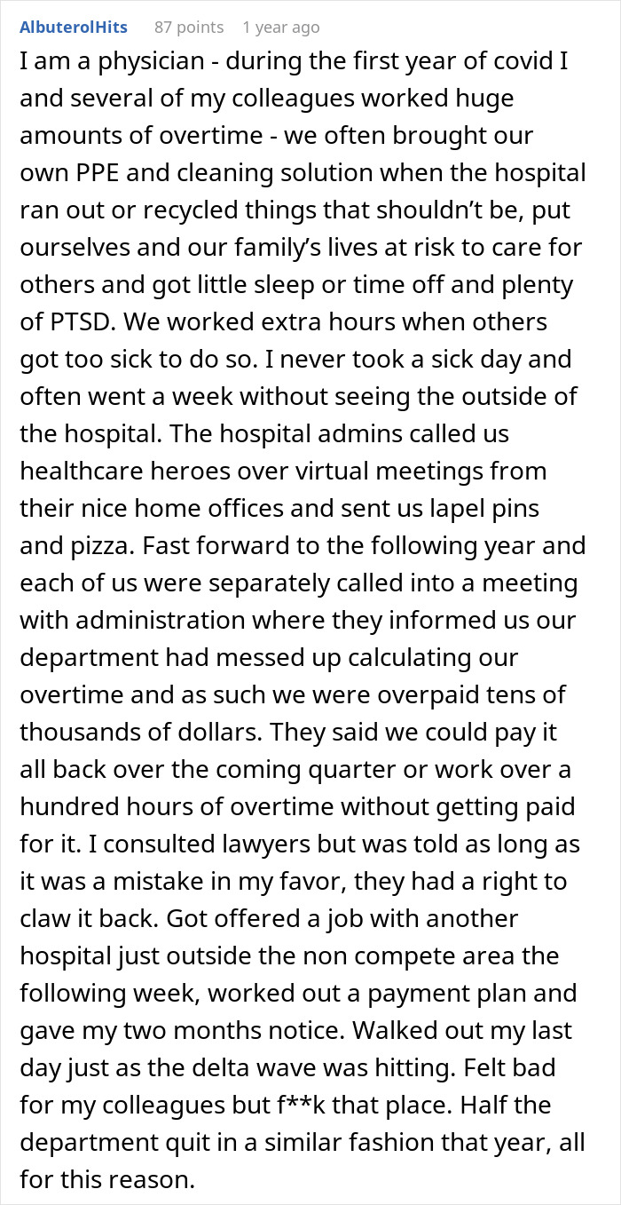 Text from a physician discussing employer demands regarding a 16-month overpayment error, workload, and quitting. Text from a physician discussing employer demands regarding a 16-month overpayment error, workload, and quitting.