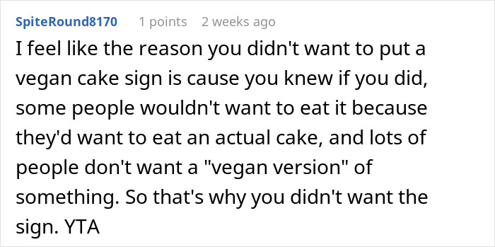 Text from a wedding guest discussing the labeling of a vegan cake. Text from a wedding guest discussing the labeling of a vegan cake.