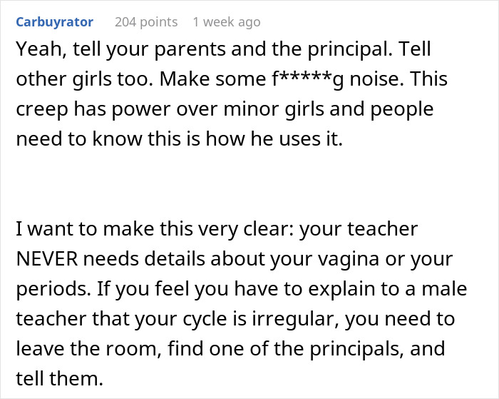 Text discussing inappropriate teacher behavior related to periods. Text discussing inappropriate teacher behavior related to periods.