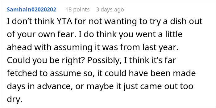 Comment discussing reluctance to eat a Thanksgiving dish suspected to be from the previous year. Comment discussing reluctance to eat a Thanksgiving dish suspected to be from the previous year.